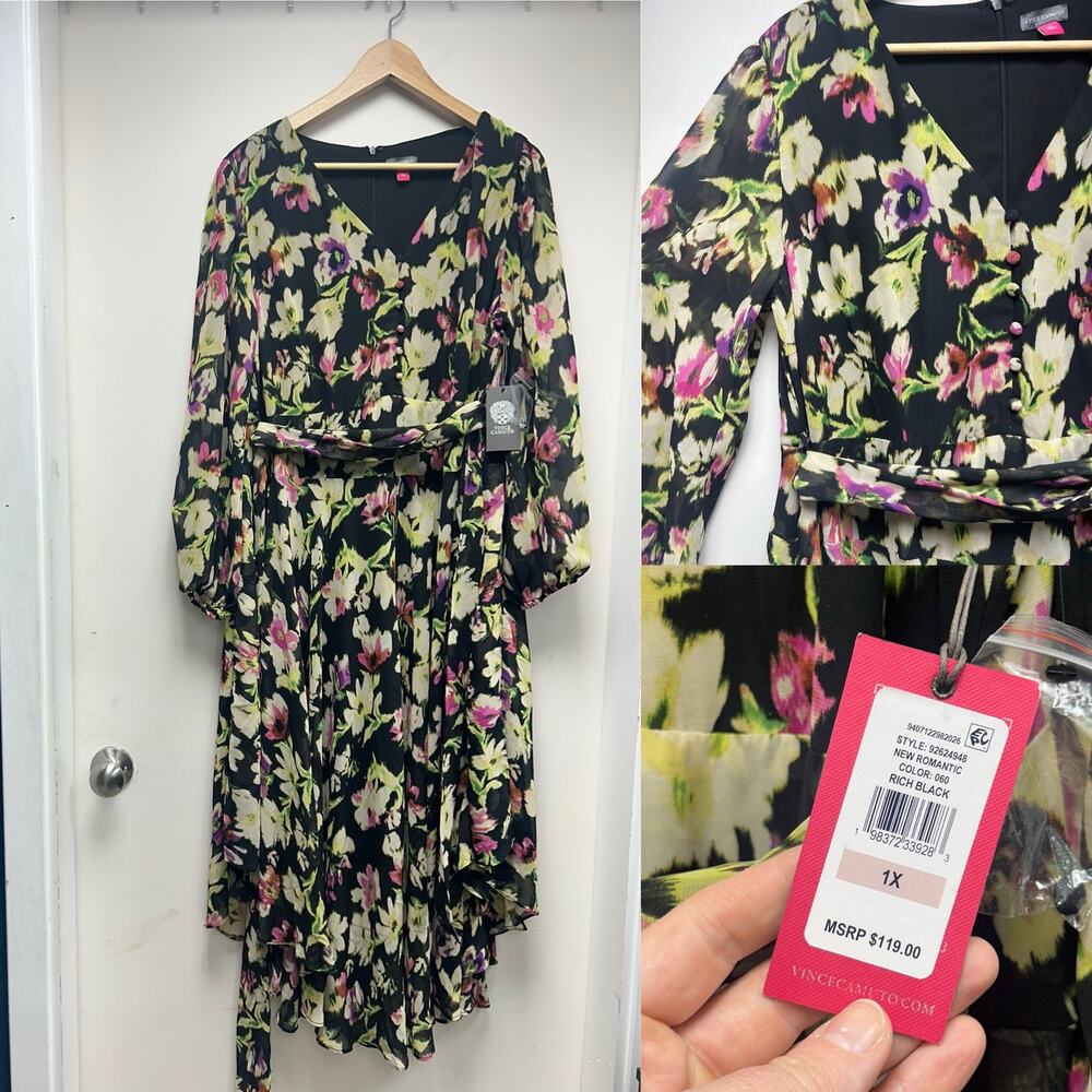 NWT Romantic Black Pink Green Floral Dress Button Detail 1X